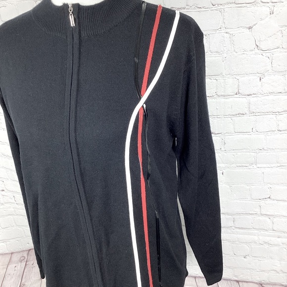 Vintage Jenny Retro Full Zip Sweater Women’s Size Large Black w/Red White Stripe - Picture 2 of 11